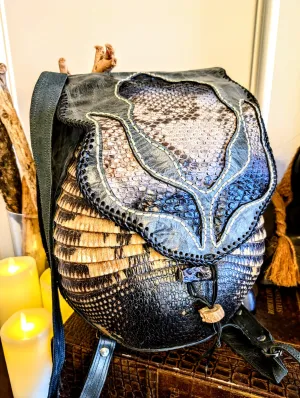 Bohemian Armadillo Snakeskin Whipstitch Leather Backpack with Antler Bone Closure,  Bohemian Bag with Armadillo Shell and Fringe Charm