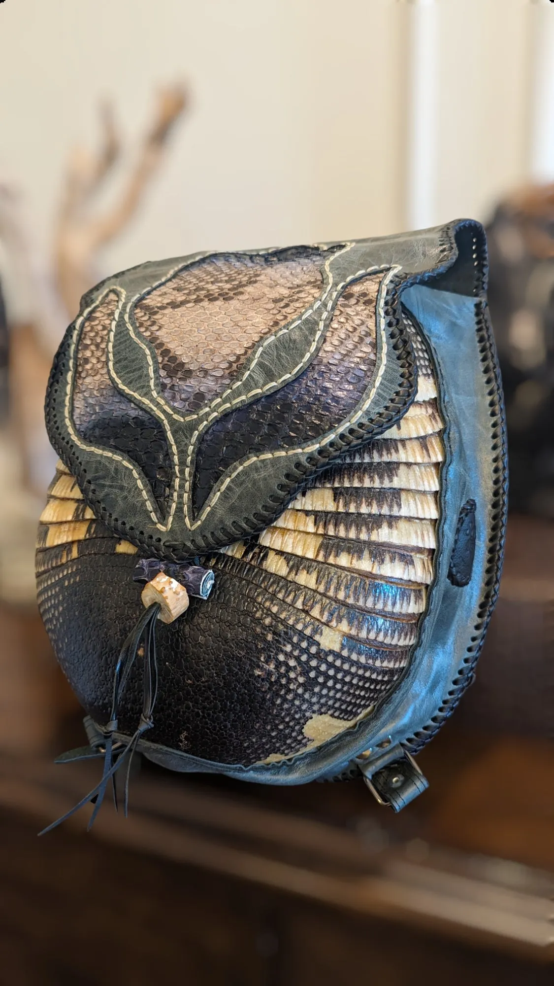 Bohemian Armadillo Snakeskin Whipstitch Leather Backpack with Antler Bone Closure,  Bohemian Bag with Armadillo Shell and Fringe Charm