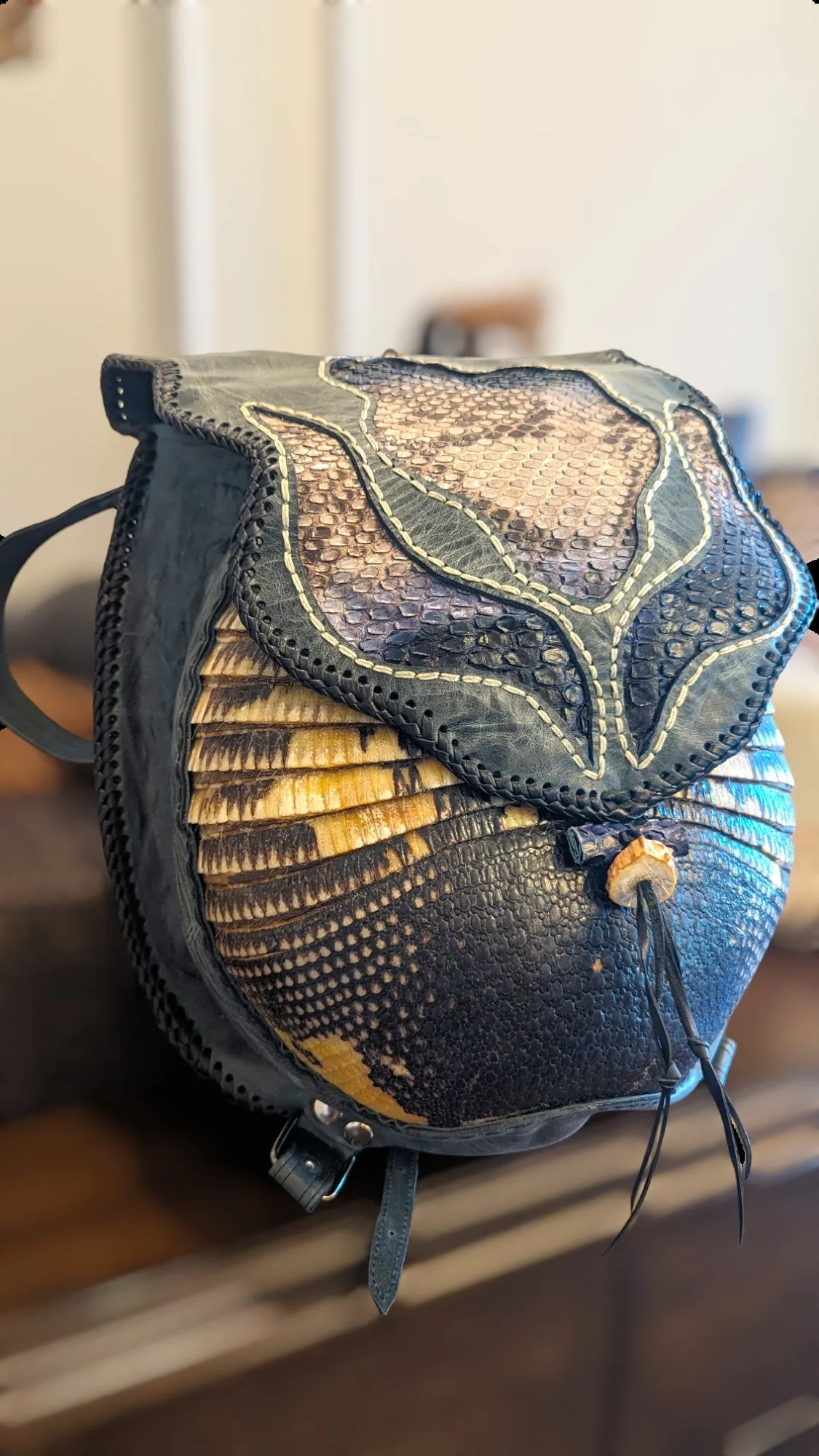 Bohemian Armadillo Snakeskin Whipstitch Leather Backpack with Antler Bone Closure,  Bohemian Bag with Armadillo Shell and Fringe Charm