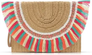 Bohemian Beach Bag, Crossbody Bags for Women, Colorful Tassels Straw Clutch Purses, Handmade Woven Purse, Tassel Handbags for Vacation, Travel, Daily Matching