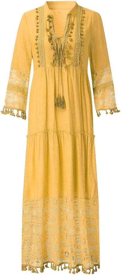Bohemian Dress for Women Fashion Plus Size V-Neck Lace Hem Fringe Long Sleeve Flowy Dress Elegant Vacation Maxi Dress