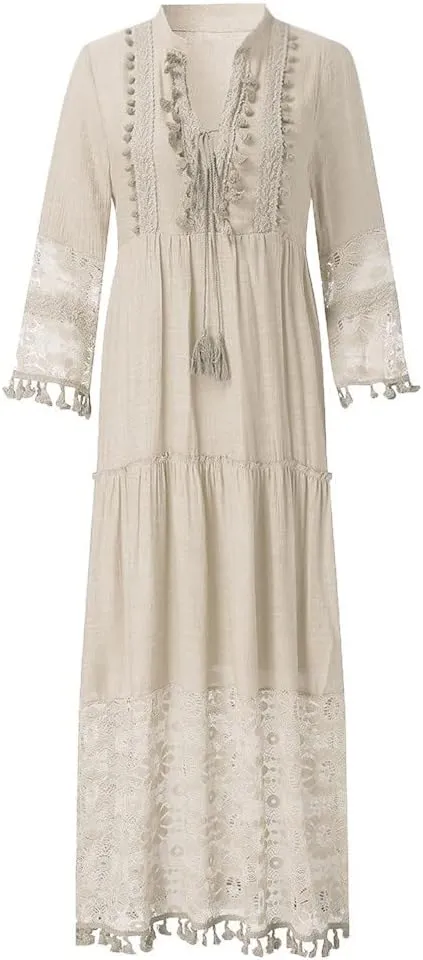 Bohemian Dress for Women Fashion Plus Size V-Neck Lace Hem Fringe Long Sleeve Flowy Dress Elegant Vacation Maxi Dress