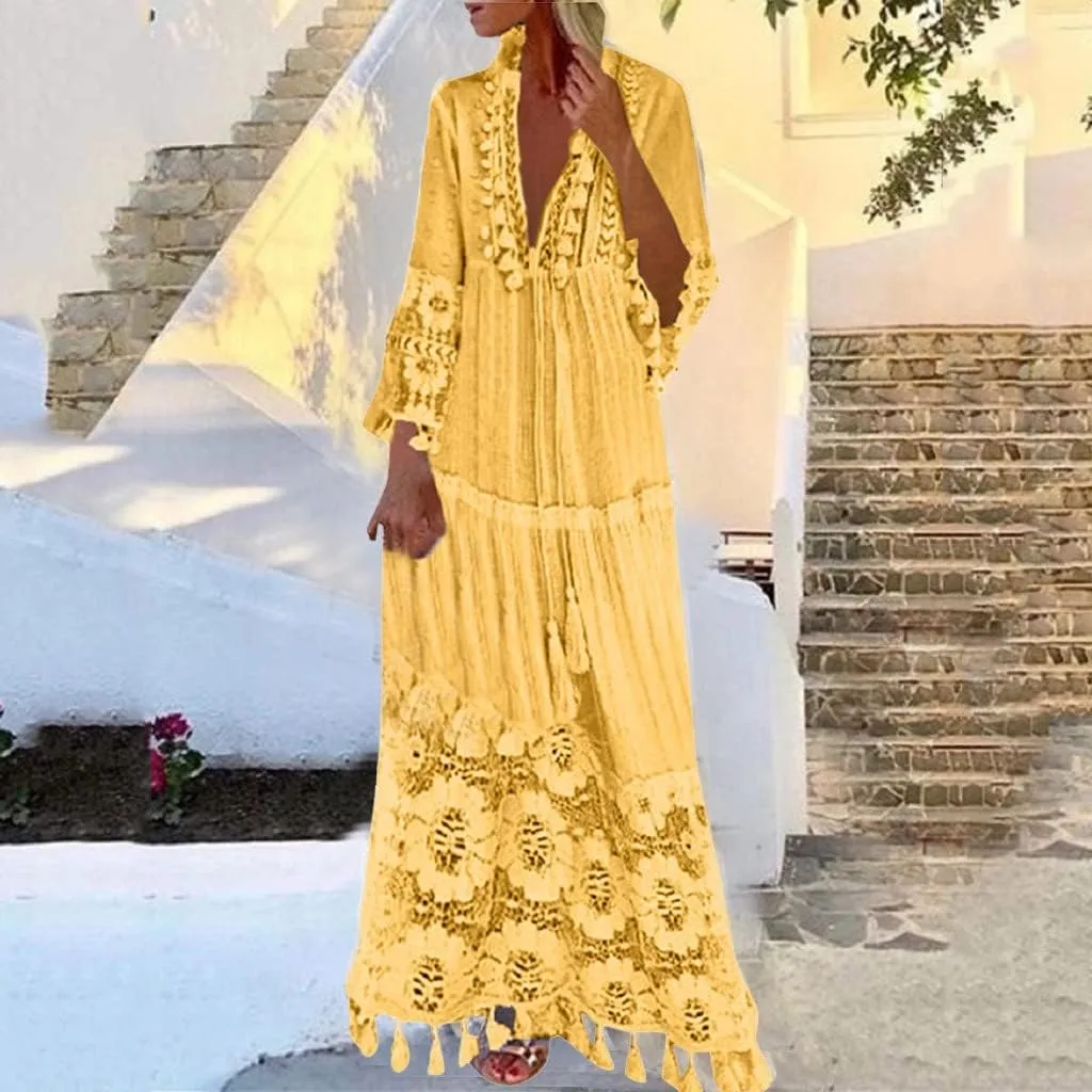 Bohemian Dress for Women Fashion Plus Size V-Neck Lace Hem Fringe Long Sleeve Flowy Dress Elegant Vacation Maxi Dress