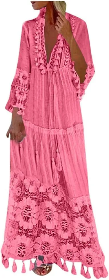 Bohemian Dress for Women Fashion Plus Size V-Neck Lace Hem Fringe Long Sleeve Flowy Dress Elegant Vacation Maxi Dress