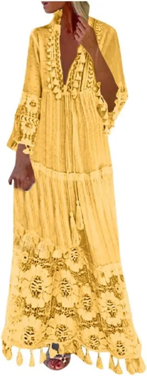 Bohemian Dress for Women Fashion Plus Size V-Neck Lace Hem Fringe Long Sleeve Flowy Dress Elegant Vacation Maxi Dress