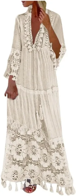 Bohemian Dress for Women Fashion Plus Size V-Neck Lace Hem Fringe Long Sleeve Flowy Dress Elegant Vacation Maxi Dress