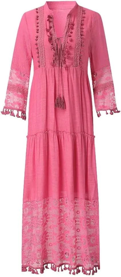Bohemian Dress for Women Fashion Plus Size V-Neck Lace Hem Fringe Long Sleeve Flowy Dress Elegant Vacation Maxi Dress