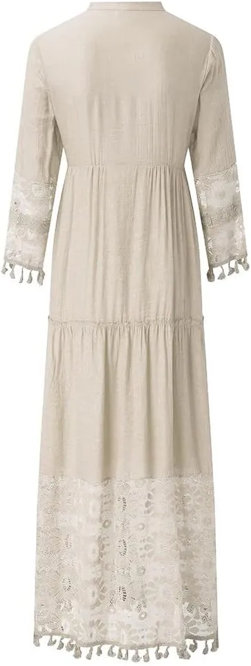 Bohemian Dress for Women Fashion Plus Size V-Neck Lace Hem Fringe Long Sleeve Flowy Dress Elegant Vacation Maxi Dress
