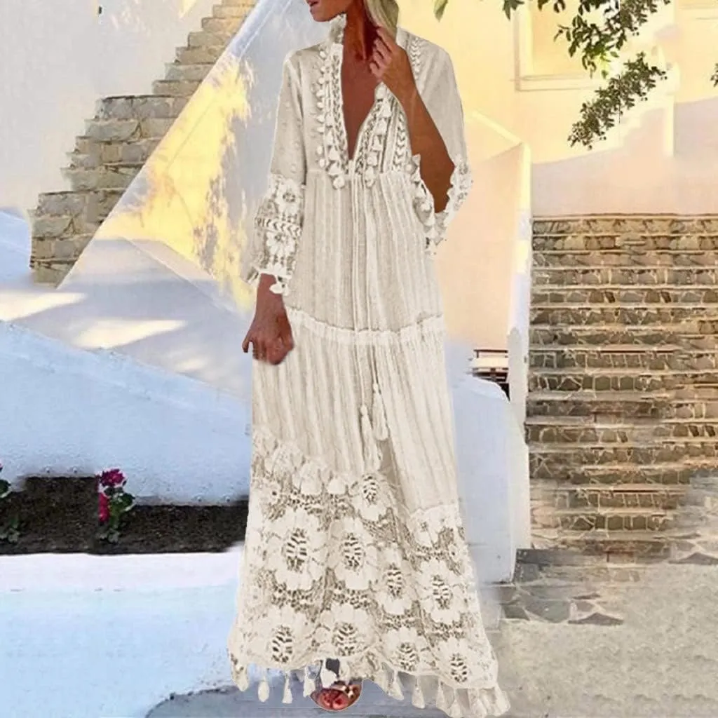 Bohemian Dress for Women Fashion Plus Size V-Neck Lace Hem Fringe Long Sleeve Flowy Dress Elegant Vacation Maxi Dress