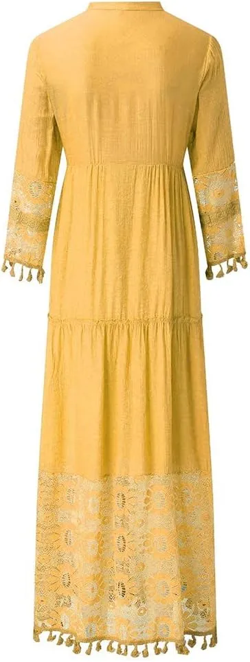 Bohemian Dress for Women Fashion Plus Size V-Neck Lace Hem Fringe Long Sleeve Flowy Dress Elegant Vacation Maxi Dress