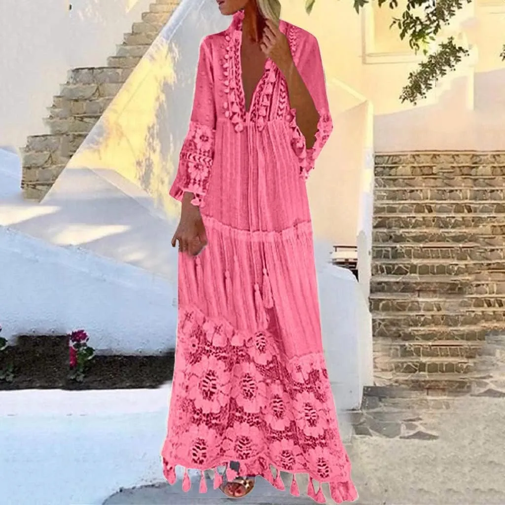 Bohemian Dress for Women Fashion Plus Size V-Neck Lace Hem Fringe Long Sleeve Flowy Dress Elegant Vacation Maxi Dress