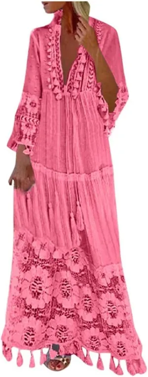 Bohemian Dress for Women Fashion Plus Size V-Neck Lace Hem Fringe Long Sleeve Flowy Dress Elegant Vacation Maxi Dress