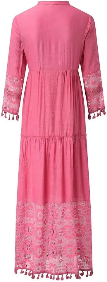 Bohemian Dress for Women Fashion Plus Size V-Neck Lace Hem Fringe Long Sleeve Flowy Dress Elegant Vacation Maxi Dress