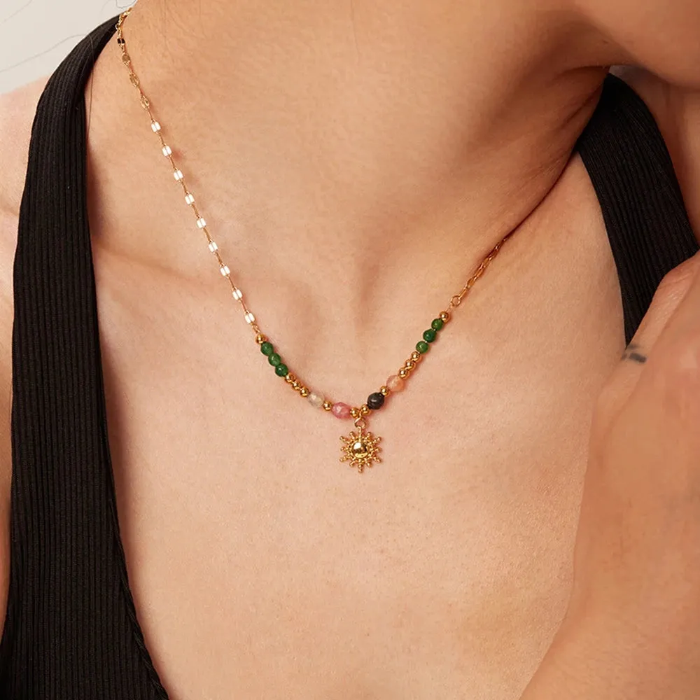 Bohemian Multi-Color Beaded Sun Pendant Necklace - Celestial Jewelry