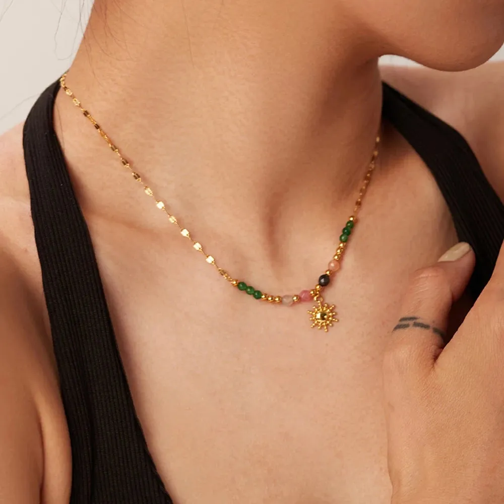 Bohemian Multi-Color Beaded Sun Pendant Necklace - Celestial Jewelry