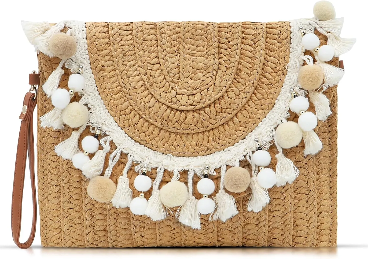 Bohemian Straw Beach Bag, Crossbody Bags for Women, Tassels and Hair Halls Clutch Purses, Handmade Woven Purse, Tassel Handbags for Vacation, Travel, Daily Matching(Khaki)