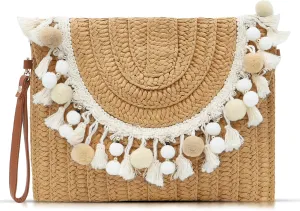 Bohemian Straw Beach Bag, Crossbody Bags for Women, Tassels and Hair Halls Clutch Purses, Handmade Woven Purse, Tassel Handbags for Vacation, Travel, Daily Matching(Khaki)