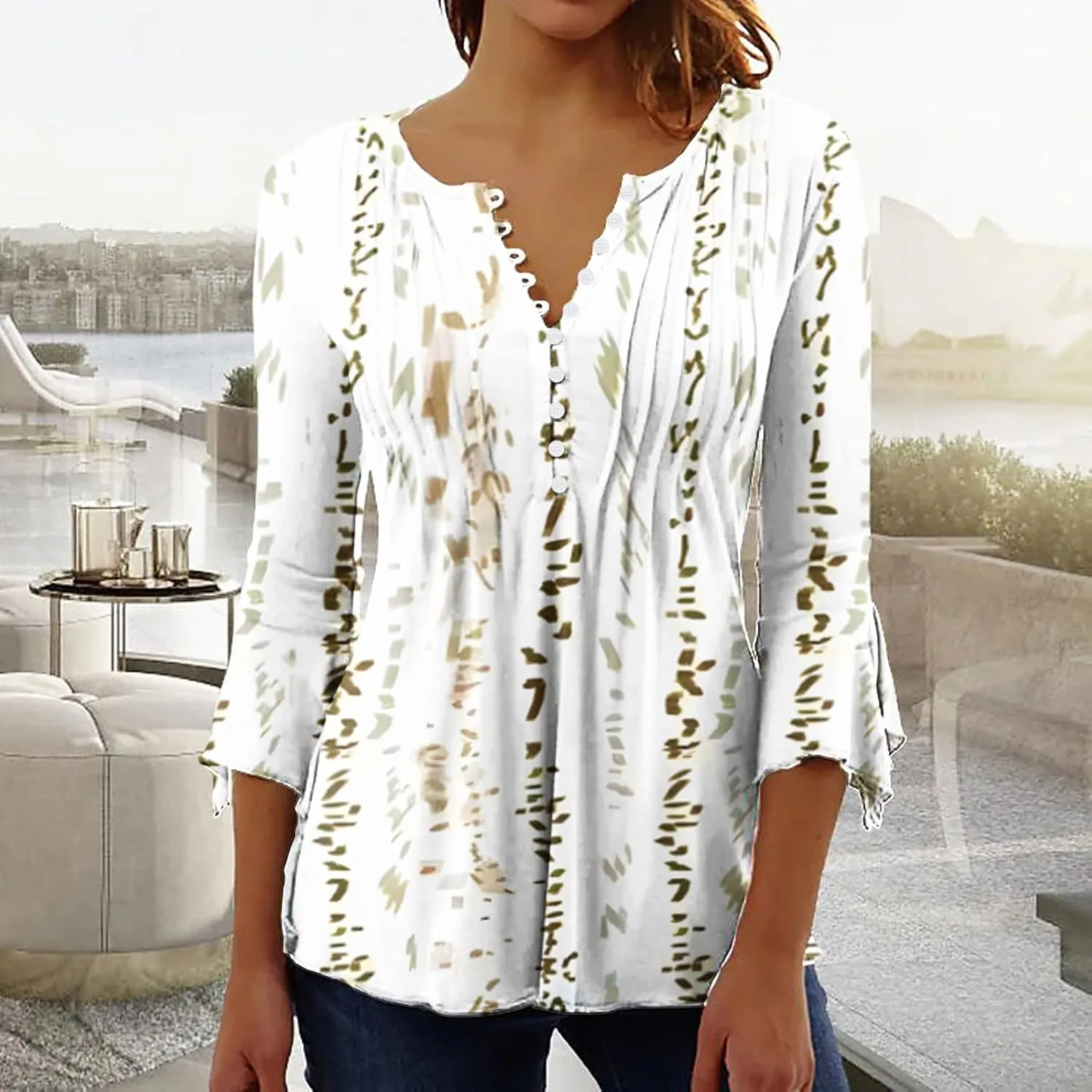 Bohemian Tops for Women Trendy 2023 Sexy Elegant t-Shirt Boho Floral Print 3/4 Bell Sleeve v Neck Shirts Blouse