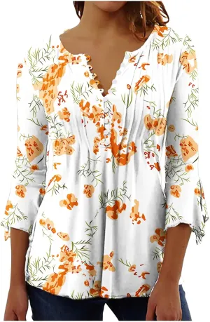 Bohemian Tops for Women Trendy 2023 Sexy Elegant t-Shirt Boho Floral Print 3/4 Bell Sleeve v Neck Shirts Blouse