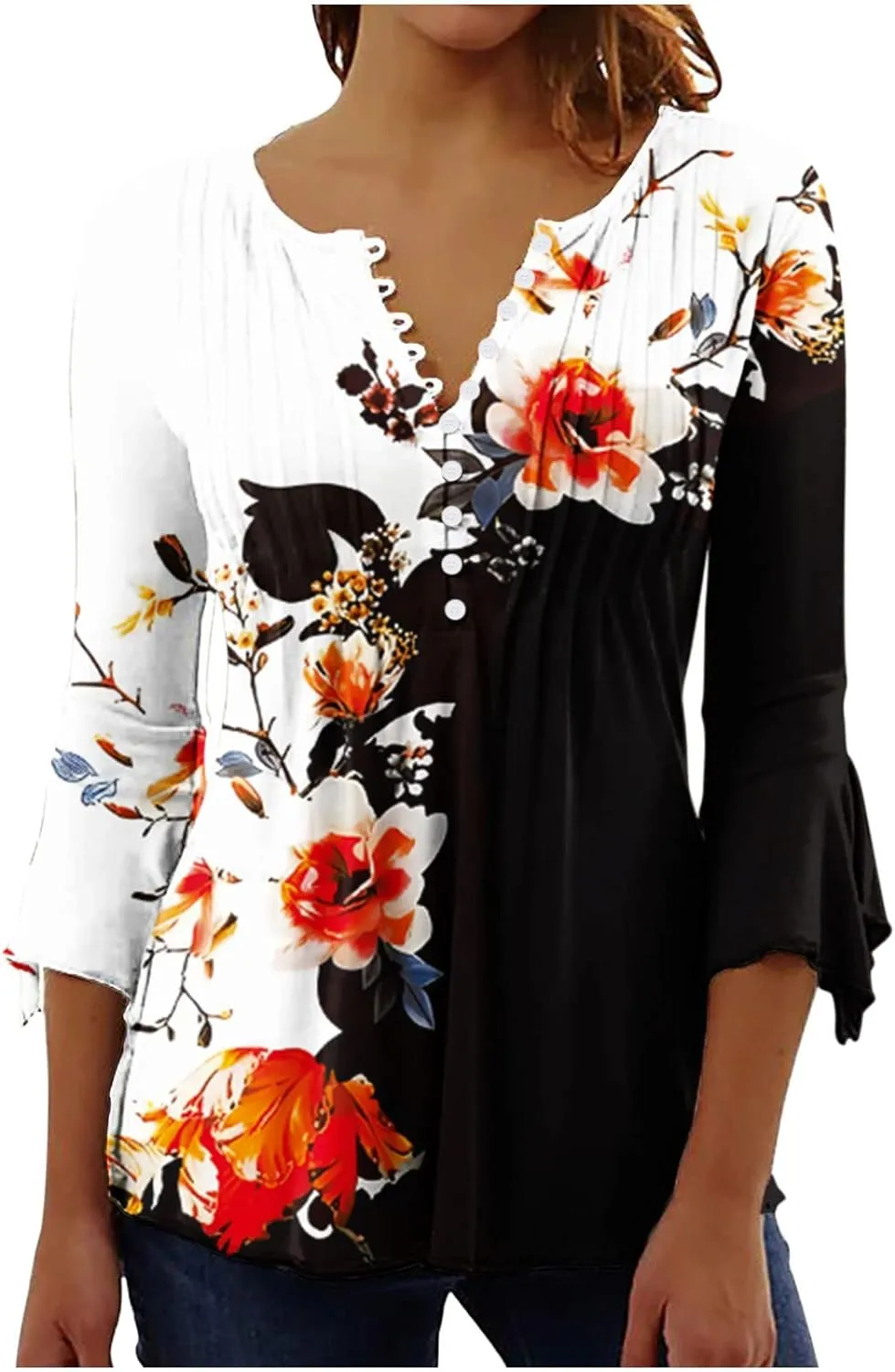 Bohemian Tops for Women Trendy 2023 Sexy Elegant t-Shirt Boho Floral Print 3/4 Bell Sleeve v Neck Shirts Blouse