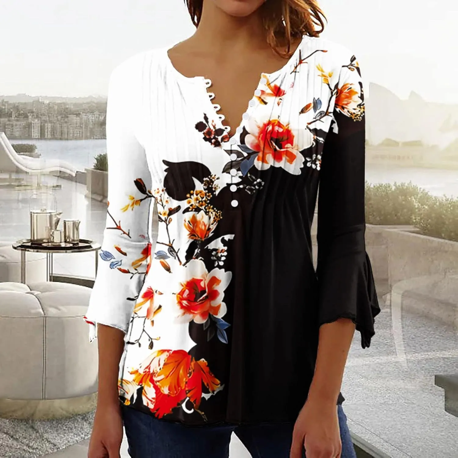 Bohemian Tops for Women Trendy 2023 Sexy Elegant t-Shirt Boho Floral Print 3/4 Bell Sleeve v Neck Shirts Blouse