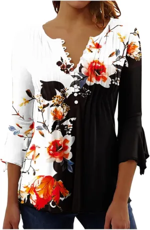 Bohemian Tops for Women Trendy 2023 Sexy Elegant t-Shirt Boho Floral Print 3/4 Bell Sleeve v Neck Shirts Blouse