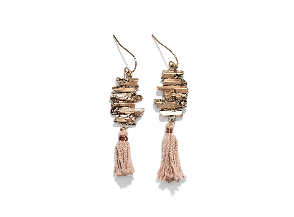 Boho Antique Metal & Cotton Fringe Earrings Gold/Taupe