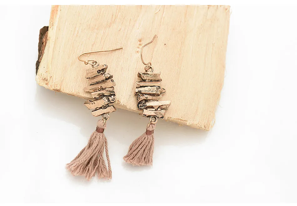 Boho Antique Metal & Cotton Fringe Earrings Gold/Taupe