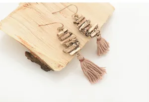 Boho Antique Metal & Cotton Fringe Earrings Gold/Taupe