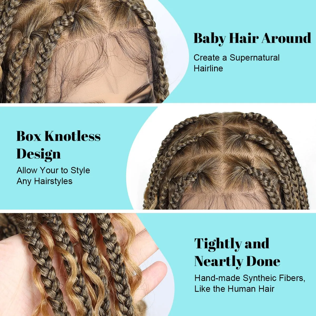Boho Braided Wig 36 inch 360° HD Full Single-layer Lace Braid Wigs for Black Women Square Knotless Box Braid Wig with Baby Hair Handmade Synthetic Hair Blended Lace Front Wig Ombre brown
