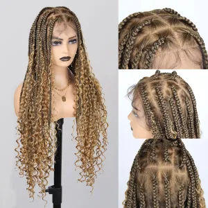 Boho Braided Wig 36 inch 360° HD Full Single-layer Lace Braid Wigs for Black Women Square Knotless Box Braid Wig with Baby Hair Handmade Synthetic Hair Blended Lace Front Wig Ombre brown