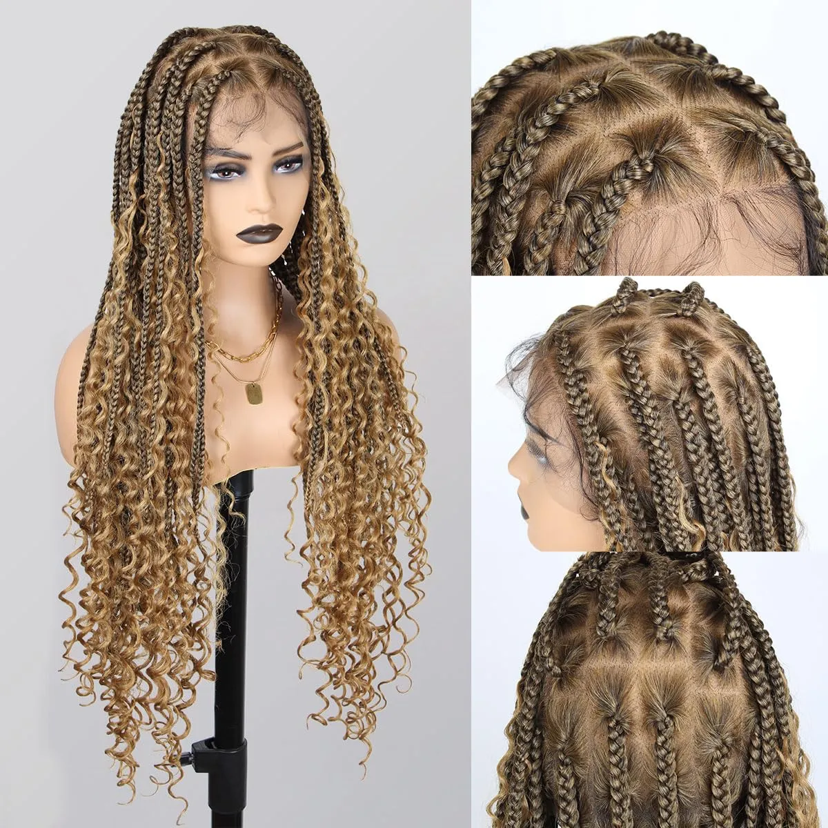 Boho Braided Wig 36 inch 360° HD Full Single-layer Lace Braid Wigs for Black Women Square Knotless Box Braid Wig with Baby Hair Handmade Synthetic Hair Blended Lace Front Wig Ombre brown
