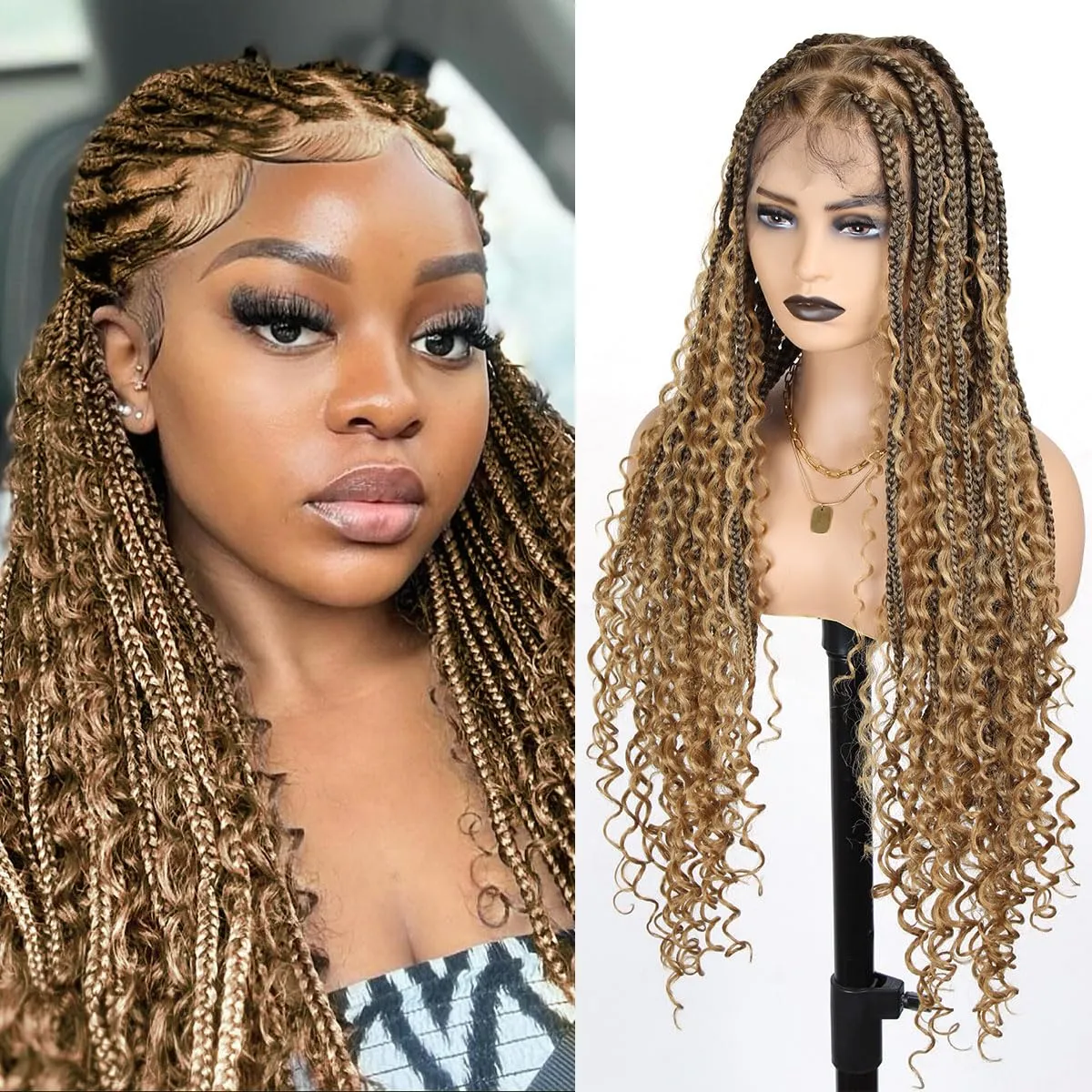 Boho Braided Wig 36 inch 360° HD Full Single-layer Lace Braid Wigs for Black Women Square Knotless Box Braid Wig with Baby Hair Handmade Synthetic Hair Blended Lace Front Wig Ombre brown