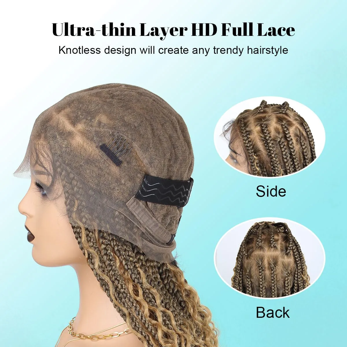 Boho Braided Wig 36 inch 360° HD Full Single-layer Lace Braid Wigs for Black Women Square Knotless Box Braid Wig with Baby Hair Handmade Synthetic Hair Blended Lace Front Wig Ombre brown