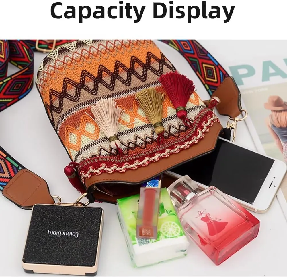 Boho Bucket Bag for Girls Women Small Boho Purse Vintage Shoulder Bag Fringe Tassel Crossbody Purse with Guitar Strap