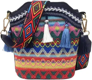 Boho Bucket Bag for Girls Women Small Boho Purse Vintage Shoulder Bag Fringe Tassel Crossbody Purse with Guitar Strap