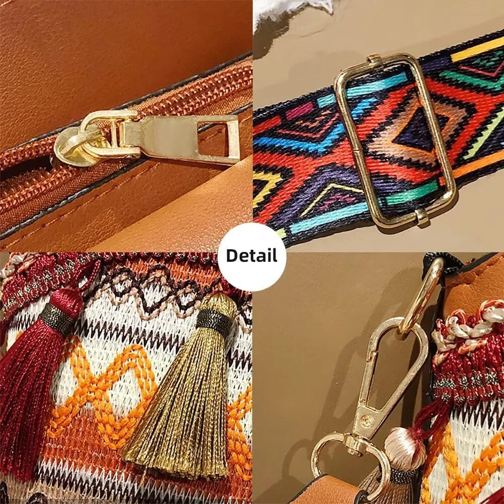 Boho Bucket Bag for Girls Women Small Boho Purse Vintage Shoulder Bag Fringe Tassel Crossbody Purse with Guitar Strap