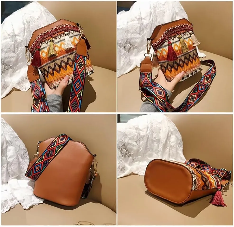 Boho Bucket Bag for Girls Women Small Boho Purse Vintage Shoulder Bag Fringe Tassel Crossbody Purse with Guitar Strap