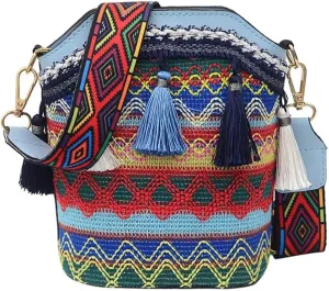 Boho Bucket Bag for Girls Women Small Boho Purse Vintage Shoulder Bag Fringe Tassel Crossbody Purse with Guitar Strap
