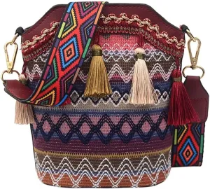 Boho Bucket Bag for Girls Women Small Boho Purse Vintage Shoulder Bag Fringe Tassel Crossbody Purse with Guitar Strap