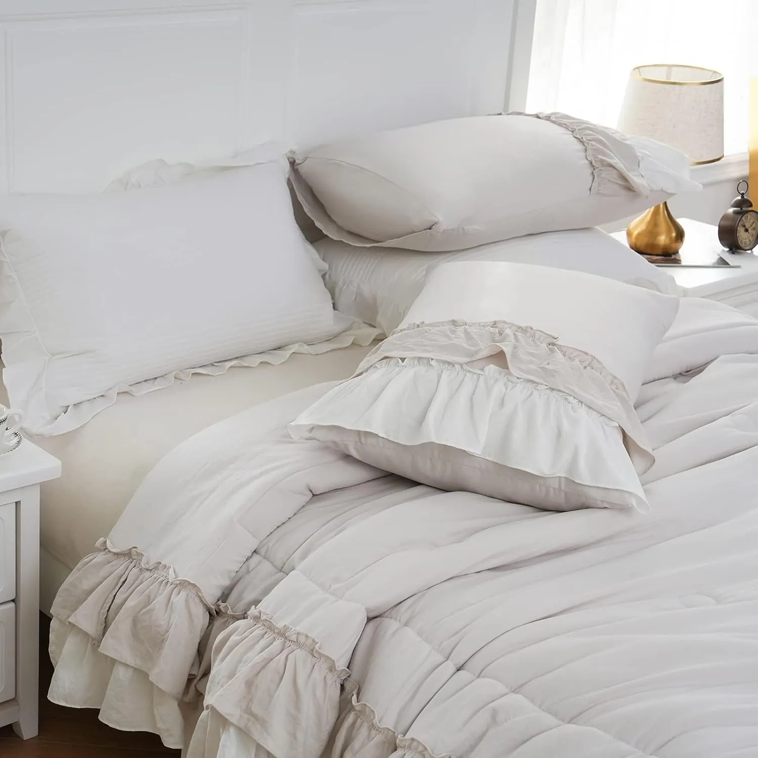 Boho Comfrter Set King Size Beige Bedding Set Shabby Chic Down Comforter 2 Layers Ruffles Home Decor Farmhouse Quilt Set Ultra Soft Microfiber White Cream Bohemian Bed Set for Girls Women…