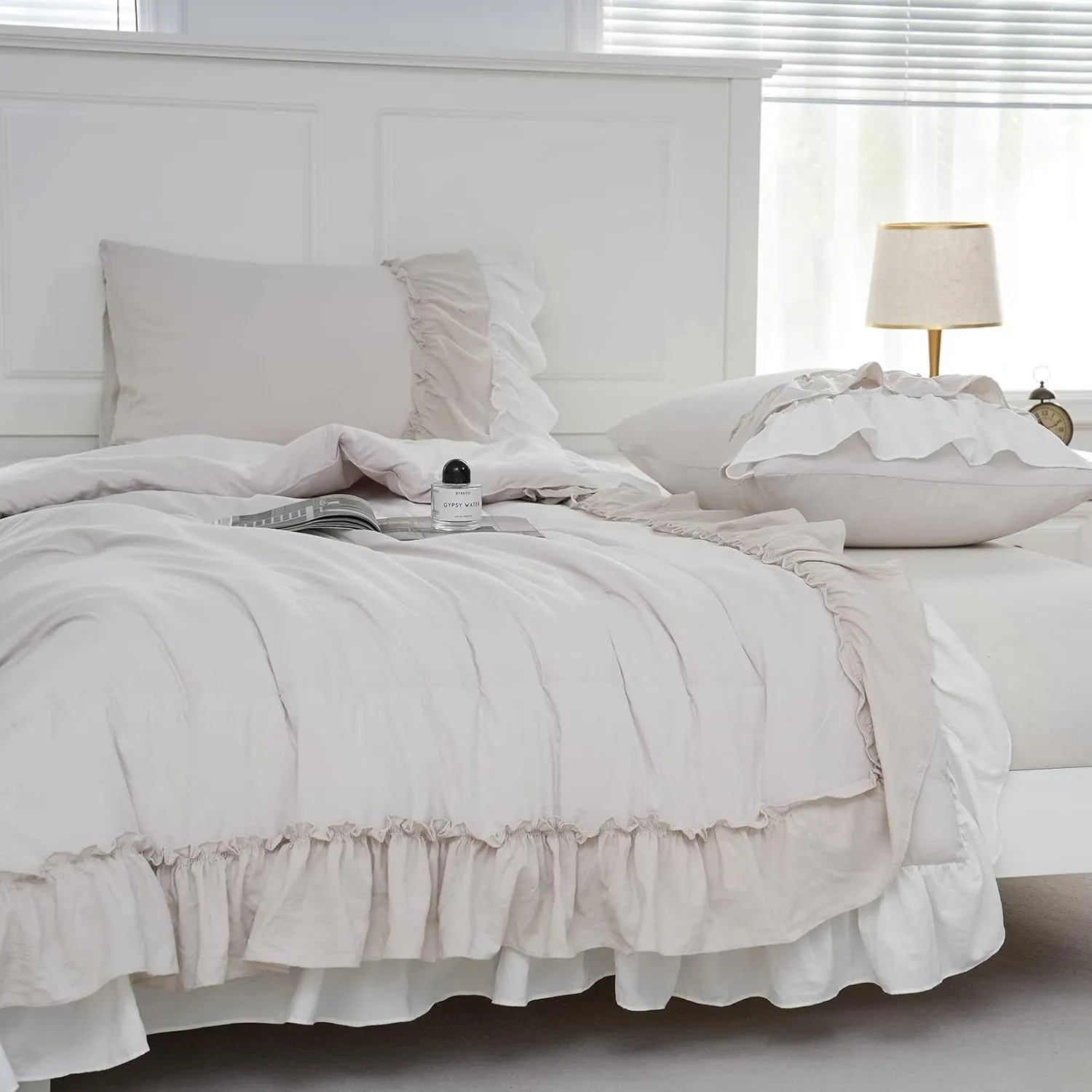 Boho Comfrter Set King Size Beige Bedding Set Shabby Chic Down Comforter 2 Layers Ruffles Home Decor Farmhouse Quilt Set Ultra Soft Microfiber White Cream Bohemian Bed Set for Girls Women…