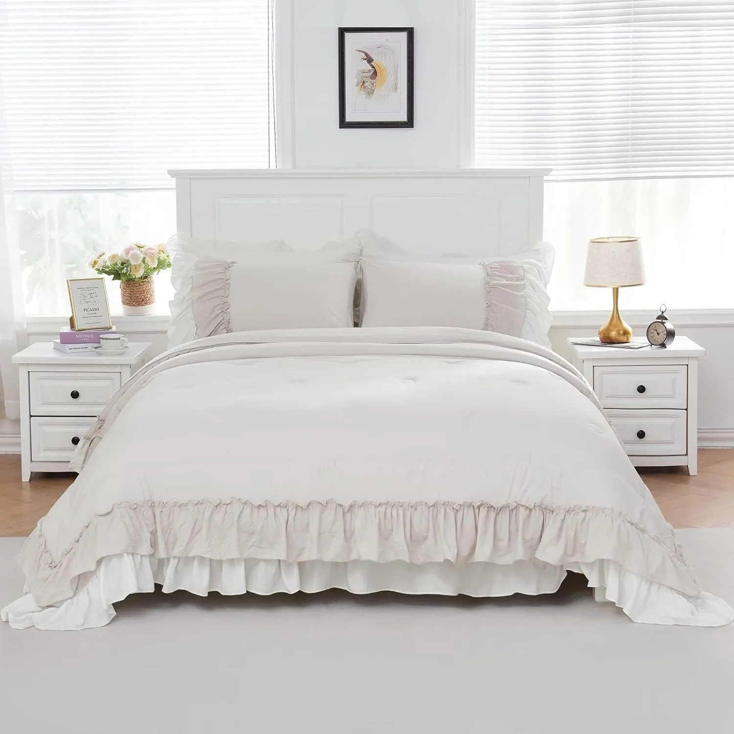 Boho Comfrter Set King Size Beige Bedding Set Shabby Chic Down Comforter 2 Layers Ruffles Home Decor Farmhouse Quilt Set Ultra Soft Microfiber White Cream Bohemian Bed Set for Girls Women…