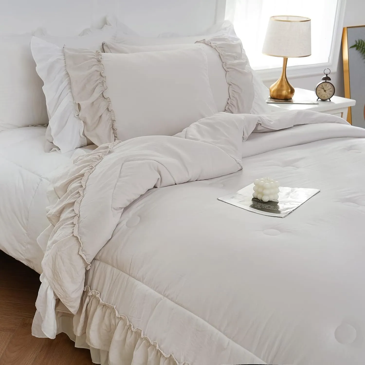 Boho Comfrter Set King Size Beige Bedding Set Shabby Chic Down Comforter 2 Layers Ruffles Home Decor Farmhouse Quilt Set Ultra Soft Microfiber White Cream Bohemian Bed Set for Girls Women…