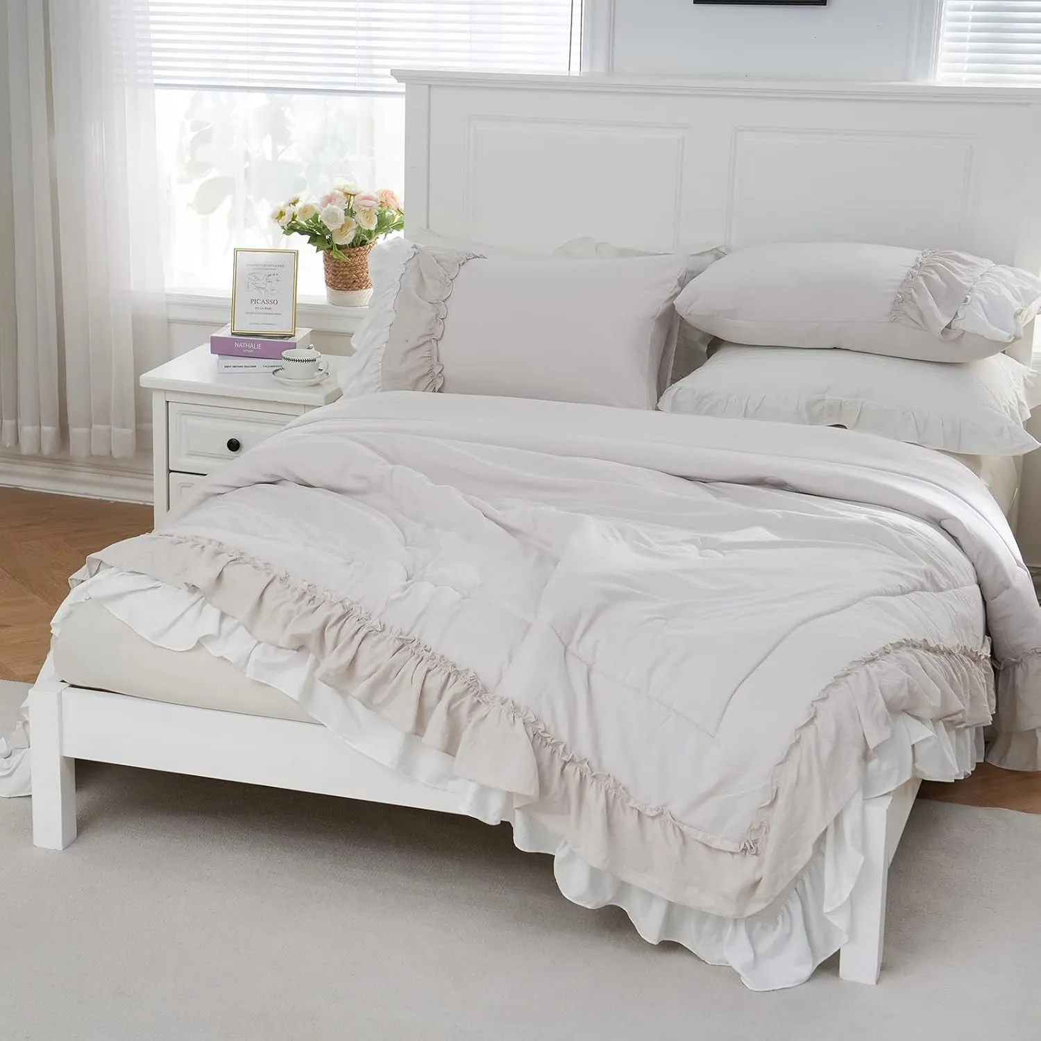 Boho Comfrter Set King Size Beige Bedding Set Shabby Chic Down Comforter 2 Layers Ruffles Home Decor Farmhouse Quilt Set Ultra Soft Microfiber White Cream Bohemian Bed Set for Girls Women…