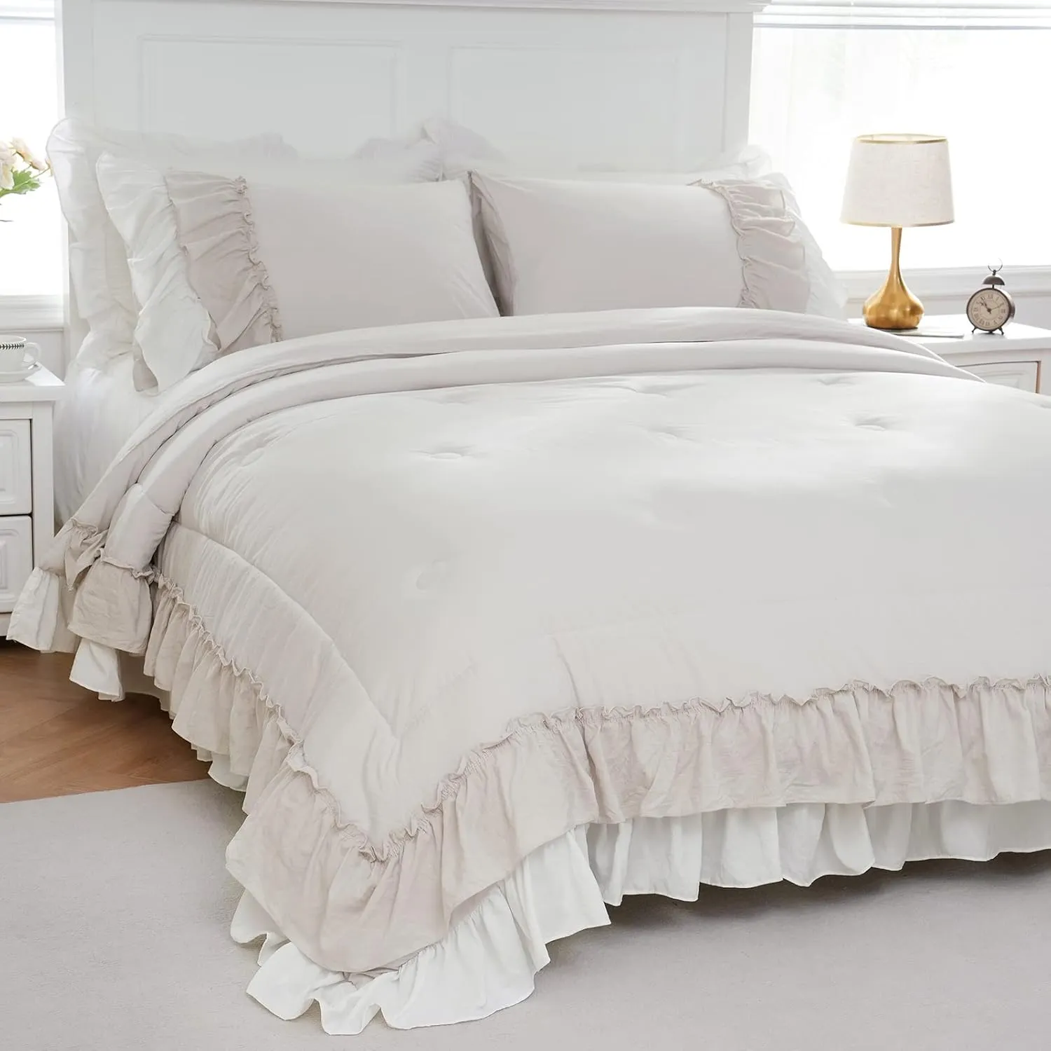 Boho Comfrter Set King Size Beige Bedding Set Shabby Chic Down Comforter 2 Layers Ruffles Home Decor Farmhouse Quilt Set Ultra Soft Microfiber White Cream Bohemian Bed Set for Girls Women…