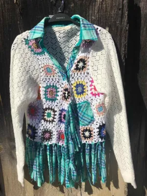 Boho Crochet Fringed Cardigan - Teal