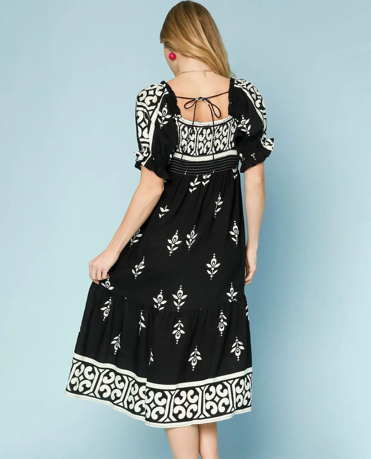 Boho Embroidered Midi Dress with Puff Sleeves