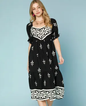Boho Embroidered Midi Dress with Puff Sleeves