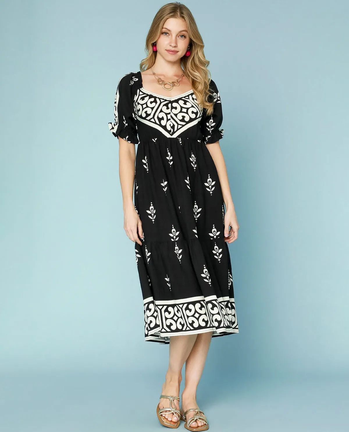 Boho Embroidered Midi Dress with Puff Sleeves